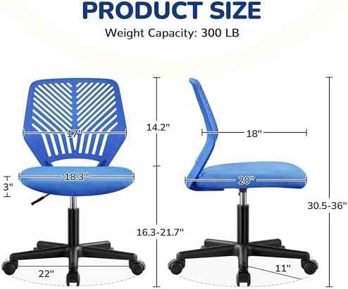 Yaheetech Small Desk Chair, Armless Adjustable Swivel Seat, Blue
