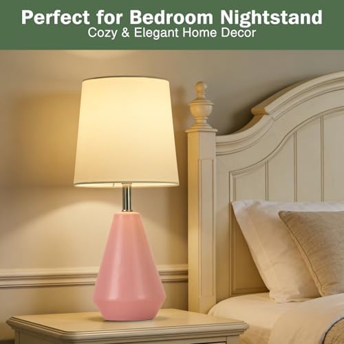 Small Bedside Table Lamp for Bedroom - Reading Desk Lamp with 3 Color Temperatures，15.5" Nightstand Ceramic Lamp with Fabric Shade for Kids Room,Living Room,Dorm,Home Office (Pink+White)