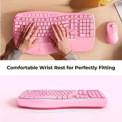 MEETION Ergonomic Wireless Keyboard and Mouse Combo with Wave Keys, Pink