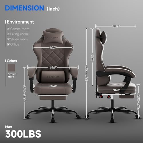Gaming Chair with Footrest, Ergonomic Leather Computer Chair with Lumbar Support, Height Adjustable High Back Swivel Office Chair for Adults, Gamer Chair for Gaming, Working,Brown