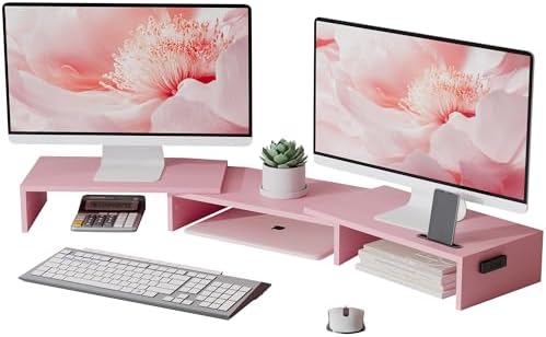 BONTEC Dual Monitor Stand Riser, Adjustable Length & Swivel Angle, Pink