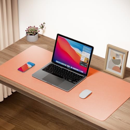 Boutilon Leather Desk Pad Protector,Non-Slip Mouse Pad,Laptop Desk Pad,Office Mouse Mat,Waterproof Leather Desk Blotter,Desk Writing Pad for Office and Home (XL-Orange Pink,35.4"x 15.7")