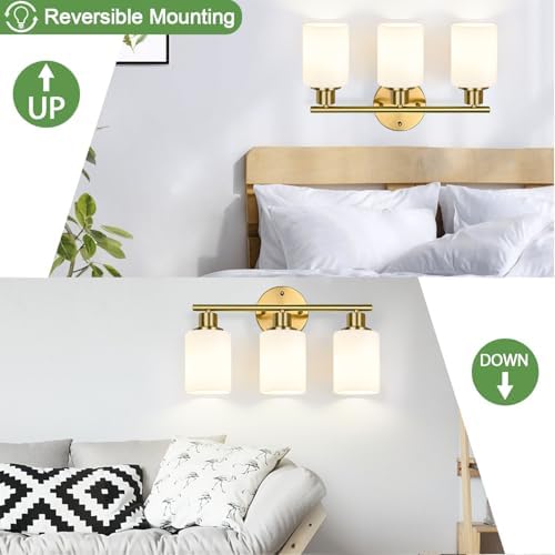 Zarbitta 3-Light Bathroom Light Fixtures, Brushed Gold Vanity Light, Farmhouse Wall Lights with Milky White Frosted Glass Shades, Bathroom Wall Lamp for Mirror Kitchen Bedroom Hallway Living Room