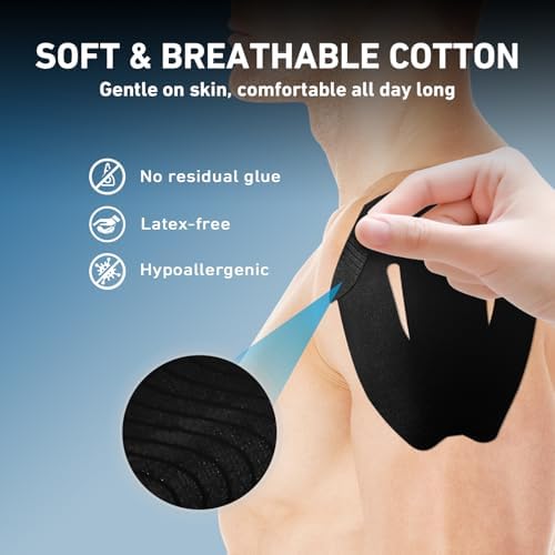 KTQUICK Precut Kinesiology Tape for Shoulders, 12 PCS, 20% Stronger, Black