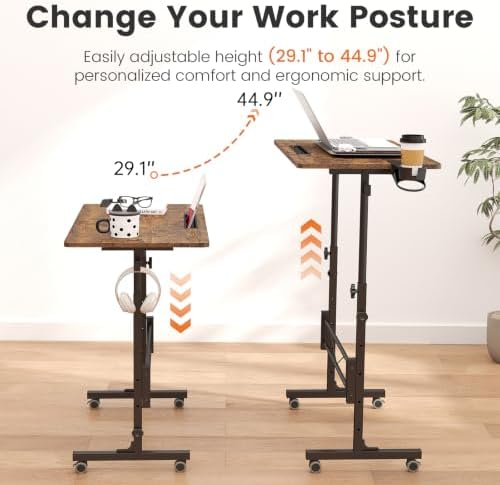 Hadulcet Small Standing Desk Adjustable Height, Rolling Desk for Standing or Sitting, Portable Computer Desk for Walking Pad, Rustic Brown