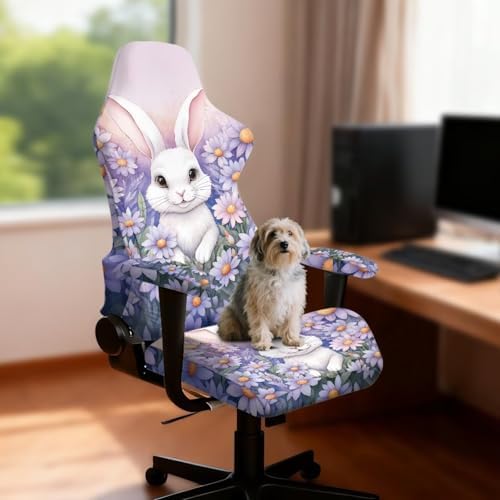 Rabbit Daisy Print Gaming Chair Cover Slipcovers 4pcs with Armrest Covers Washable Anti Scratch Furniture Protector Stretchable Office Chair Slipcover
