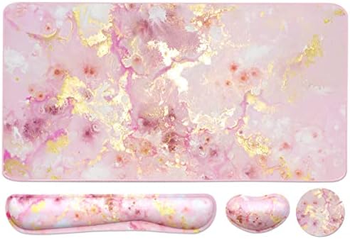 Keyboard Mouse Pad Set, Extended Mouse Pad+Keyboard Wrist Rest Support, Memory Foam Ergonomic Easy Typing, 3Pcs (35.4×15.7 in) Desk Pad Set for Home Office Study Game- Pink Gold Marble