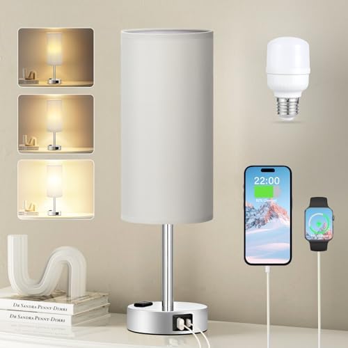 Fenmzee Grey Bedside Lamp for Bedroom, Dimmable Touch, USB A+C, AC Outlet