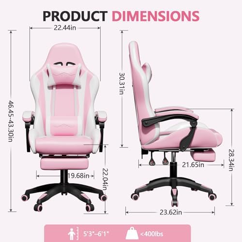Mr IRONSTONE Gaming Chair with Footrest, Ergonomic Reclining Gamer Chair with Lumbar Support & Massage, High Back Racing Style Video Game Chair, Adjustable Headrest, Swivel Desk Chair (Pink)