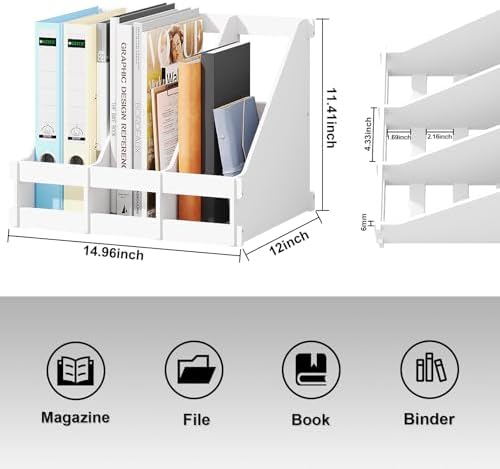 Bamboo Desk File Organizer, 3 Compartment Magazine Holder for Home Office(White)