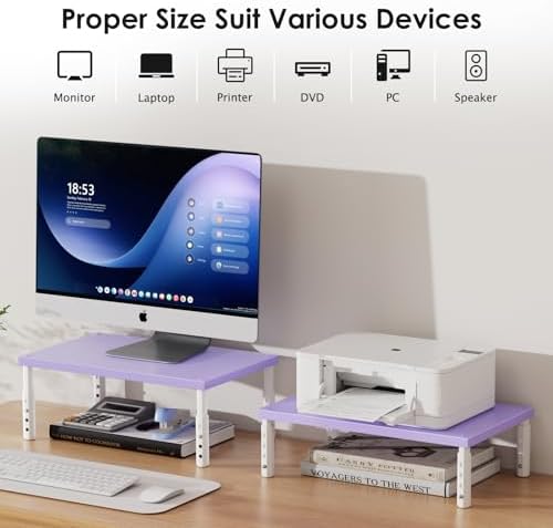 ECOLOVI Adjustable Wood Computer Monitor Stand Riser, Office Desk Organizer and Accessories for Monitor, Laptop, PC, Printer, Office Desk Accessories Workspace Organizer for Home Office Supplies, Purple