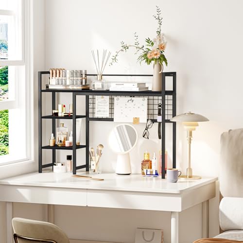 Snughome Desk Shelf, 38.6" Desktop Organizer Shelf, Desk Hutch for Computer Monitor, 4 Tier Desk Display Rack with Pegboard Hooks Set, Wood Desktop Bookshelf for Home Office Dorm, Black