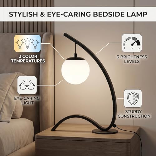 Luocute LED Bedside Lamp, 3 Brightness Levels 3 Color Temperatures Eye Caring Anti Glare Creative Desk Lamp with Iron PVC Construction, for Home Hotel Bedroom Study (Black)