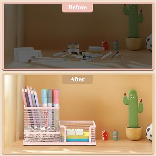 SUPEASY Mesh Pen Holder Desk Organizer, Office Supplies Pencil Storage with 3 Compartments, Office Desk Accessories and Workspace Organizers for Home School Classroom, Pink