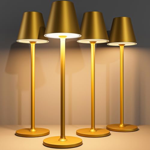 Timjorman 4-Pack Cordless Table Lamps - 5000mAh Rechargeable Battery Operated Desk Lamp, 3-Level Dimmable LED Night Light for Bedroom, Dining, Restaurant - Metal Design (Bronze 4PACK)