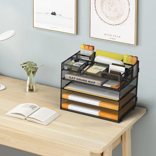 5 Tier Paper Letter Tray Desk Organizer with Pen Holders - Black