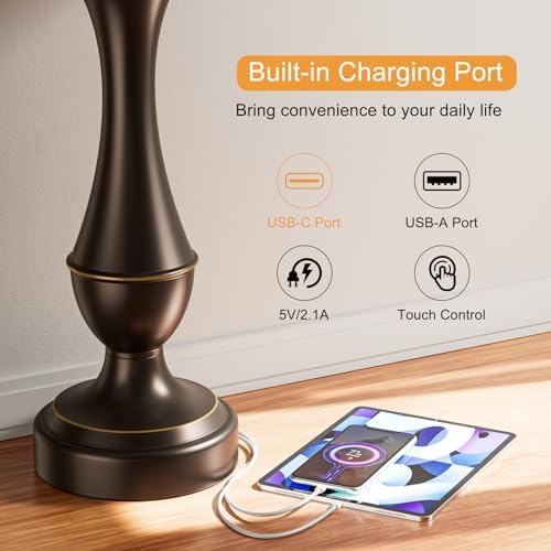 Touch Lamps for Nightstand, 3 Way Dimmable Lamps for Bedroom with USB C+A