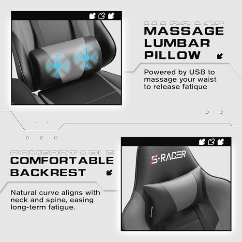 Homall Gaming Chairs, Computer Chair with Footrest and Massage Lumbar Support, Height Adjustable Game Chair with Headrest and Swivel Seat (Light Grey)