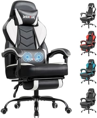 Big and Tall Gaming Chair 350lb Weight Capacity with Footrest, Ergonomic Video Game Chair for Adults with Oversized Headrest and Lumbar Pillow, Computer Chair Gaming for Office（White）
