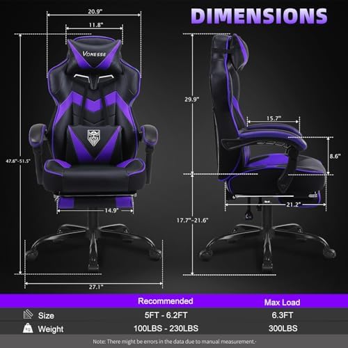 Vonesse Gaming Chair, High Back Gaming Chair with Footrest and Massage, Gaming Chairs for Adults with Pocket Spring Cushion, Big and Tall Reclining Computer Chair with Lumbar Support (Purple/Black)