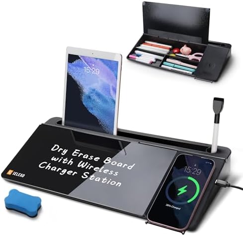 SELEAD Desktop Glass Whiteboard with Wireless Charger and Storage, Black
