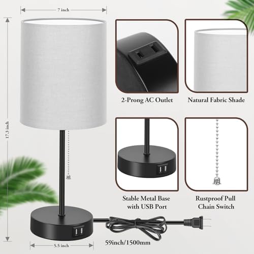 17.3'' Table Lamps Nightstand Set of 2 with 2 USB & AC Outlet, Grey