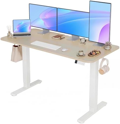 YDN Electric Standing Desk Adjustable Height, 63 x 24 Inches Sit Stand up Desk with Memory Presets & Cable Management, Home Office Desk for Office & Computer Workstation, White Frame/Nature Top