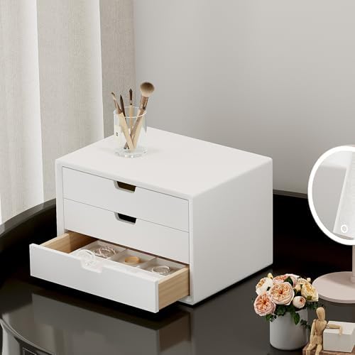 LitaEther Desk Organizer with 3 Drawers, ALEX Drawer Unit, Chic White Wood Cosmetic Makeup Organizer for Office Vanity Tabletop Storage 13.8"X 9"X10.2"