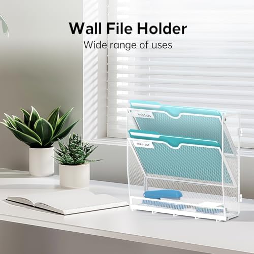 3-Tier Wall File Organizer and Mail Organizer with 5 Hooks, White