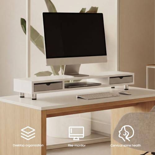 Fenge Dual Monitor Riser with 2 Drawers, 42.5in Long Desk Shelf, White