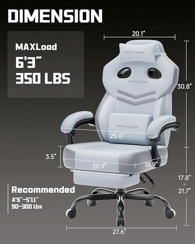 GTPLAYER Big & Tall Gaming Chair, Wide Seat with Footrest, Light Blue