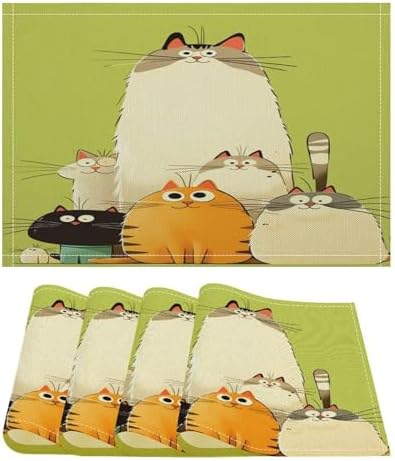 Cute Cats Family Cartoon Linen Placemats Set of 4PCS, Heat Resistant Non-Slip Washable Table Placemats for Dining Everyday Use Hotel Banquet Home Decor