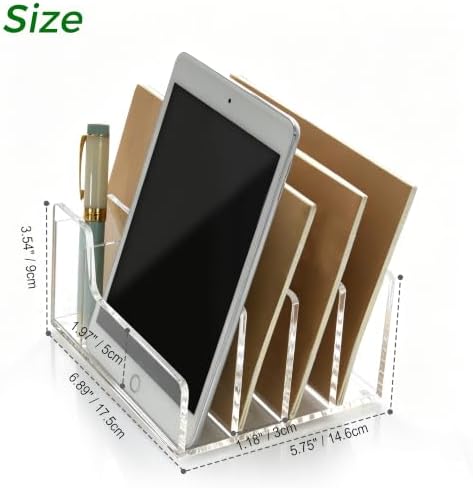 Acrylic Mail Organizer for Desk, 5 Compartments Letter Sorter with Pen Holder, Clear Desktop File Folder & Notebook Holder, Cute Office Supplies Organizer for Home Office School