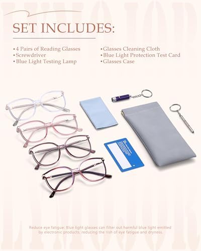 4 Pack Reading Glasses for Women Blue Light Blocking, Fashion Bling Readers with UV400 Protection & Portable Cases