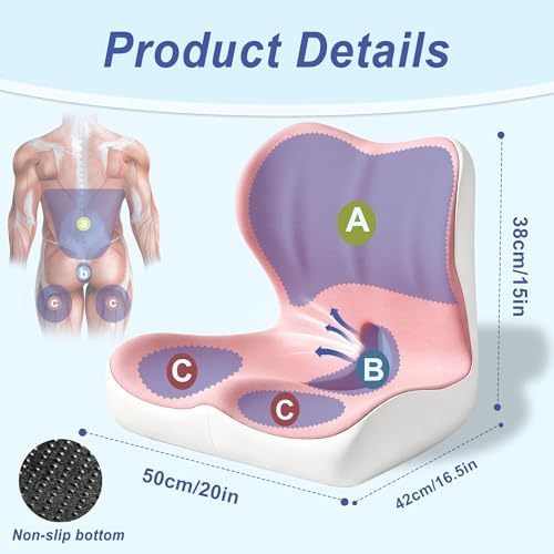 Seat Cushion for Office Chair and Car, Ergonomic Memory Foam Seat Cushion with Lumbar Support Pillow, Orthopedic Cushion for Sciatica & Back Pain, Pink & Light Gray