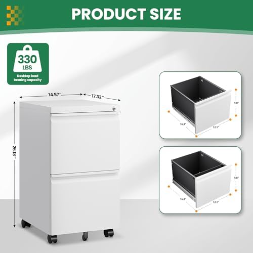 2 Drawer File Cabinet with Lock, Small Rolling Filing Cabinet for Home Office, Printer Stand, 2 Drawer Under Desk Filing Cabinet with Wheels for Legal/Letter/A4 (Fully Assembled,White)