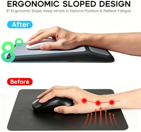 Ergonomic Mouse Pad with Wrist Rest, 8°Slope Design Memory Foam Support