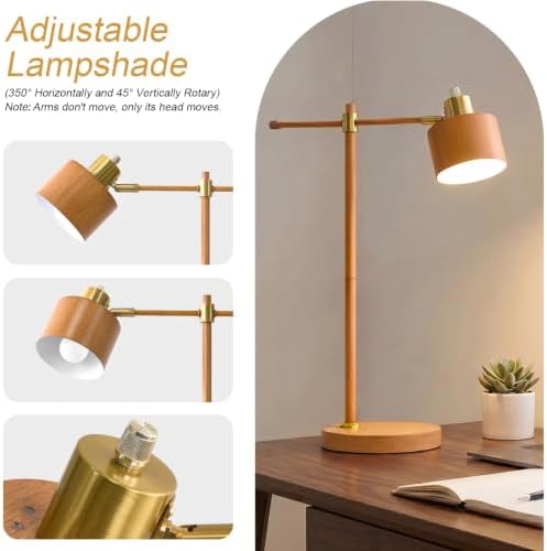 OYEARS 22.2" Mid Century Desk Lamp, Modern Metal Table Lamp with LED Bulb, Adjustable Reading Lamps, Industrial Task Lamp for Home Office, Farmhouse Bedside Lamps with Solid Base, Woodgrain