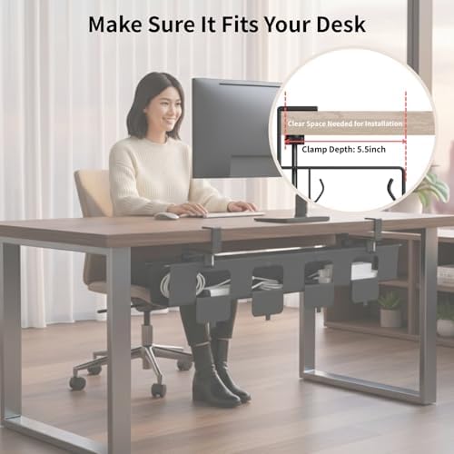 No Drill Under Desk Cable Management Tray, 47.5” Fabric Clamp Mount