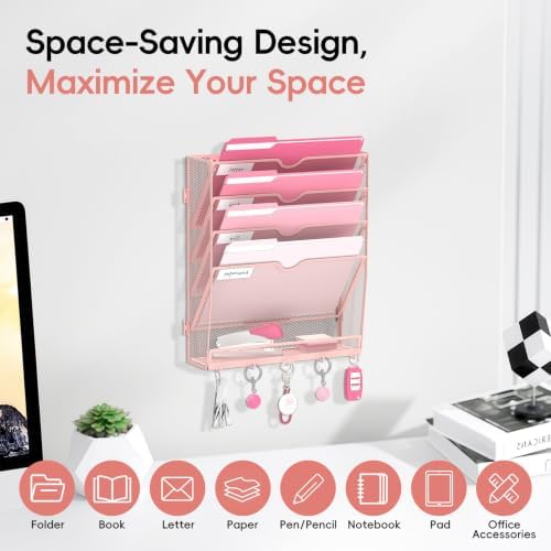 Wall File Holder Hanging Wall File Organizer, Wall Mount Mail Holder and Paper Organizer with Bottom Shelf & 5 Hooks for Office Home School (5 Tier Pink)