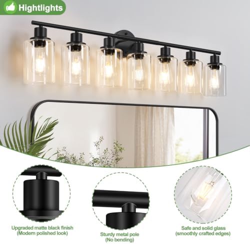Zarbitta 7-Light Bathroom Light Fixtures, Black Modern Vanity Lights with Clear Glass Shade, Bathroom Wall Lamp, for Mirror, Kitchen, Living Room, Hallway, Cabinet
