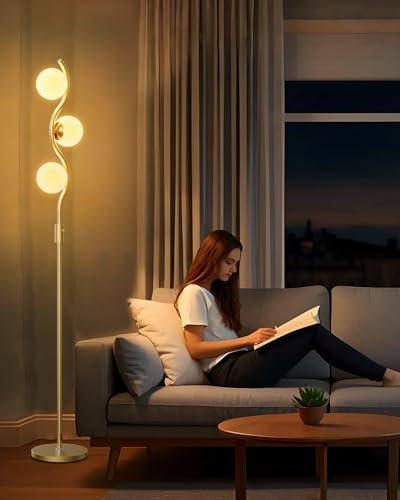 60IN Dimmable Gold Globe Floor Lamp, Modern Standing Lamps with 3 Soft Warm White 3000K Bulbs, Mid Century Floor Lamp with 5Lbs Heavy Base for Living Room Bedroom Home Decor