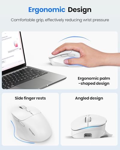 TECKNET Wireless Mouse Bluetooth 5.0/3.0 & 2.4G Rechargeable, Silent Clicks, Adjustable 4800 DPI, 6 Buttons, Ergonomic Design, Bluetooth Mouse for Laptop, Computer, ipad - White