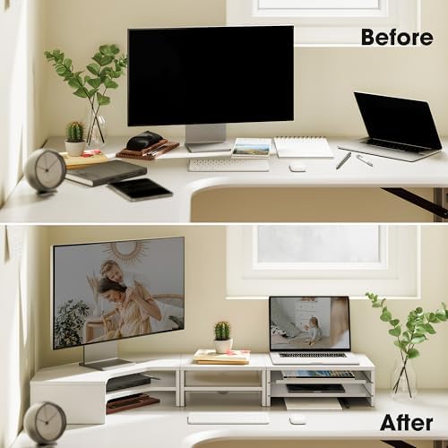 Fenge Dual Monitor Stand, Corner Desk Shelf with Drawer & Slide-Out Tray
