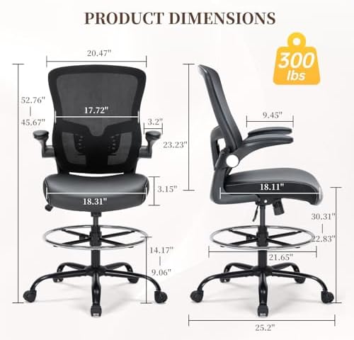 Drafting Chair, Tall Office Chair with PU Leather Seat, Ergonomic Standing Desk Chair with Lumbar Support Counter Height Office Chair with Adjustable Footrest Ring Flip-up Armrests