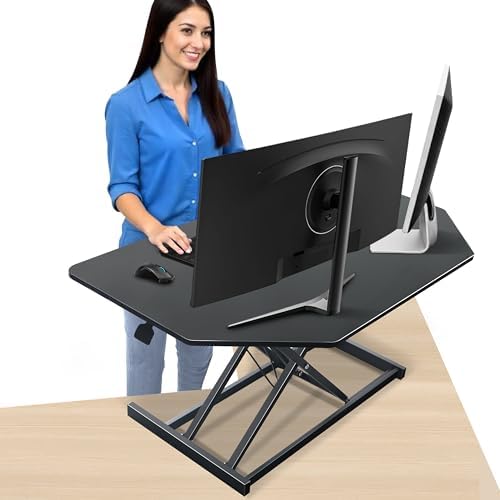 Aconcept 38 inch Black Corner Height Adjustable Standing Desk Converter, One-Click Sit to Stand up Desk Riser, Pre-Assembled for Dual Monitor and Laptop Workstation
