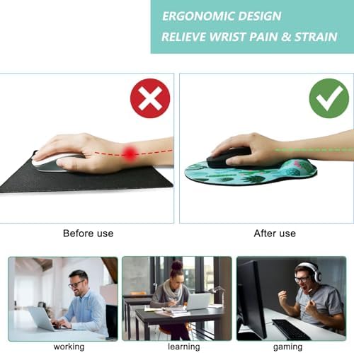 Mouse Pad with Wrist Support, Ergonomic Mouse Pad with Memory Foam Wrist Rest Cushion, Non-Slip Rubber Base Gaming Mice Pad for Home Office Computer Laptop, Cactus