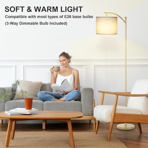 LALISU Standing Floor Lamp for Living Room, Linen Shade Floor Lamp, Gold