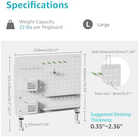 PEGZONE Clamp on Desk Pegboard, 20.4" x 16.5", with 15 Accessories, White