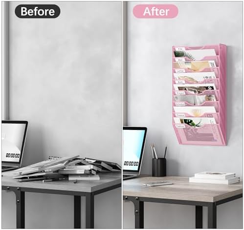 EasyPAG 8 Pocket Mesh Wall File Organizer, Hanging Paper Folder Holder with Classify Label, Vertical Wall Mount Mail Organizer for Office Home Classroom, Pink